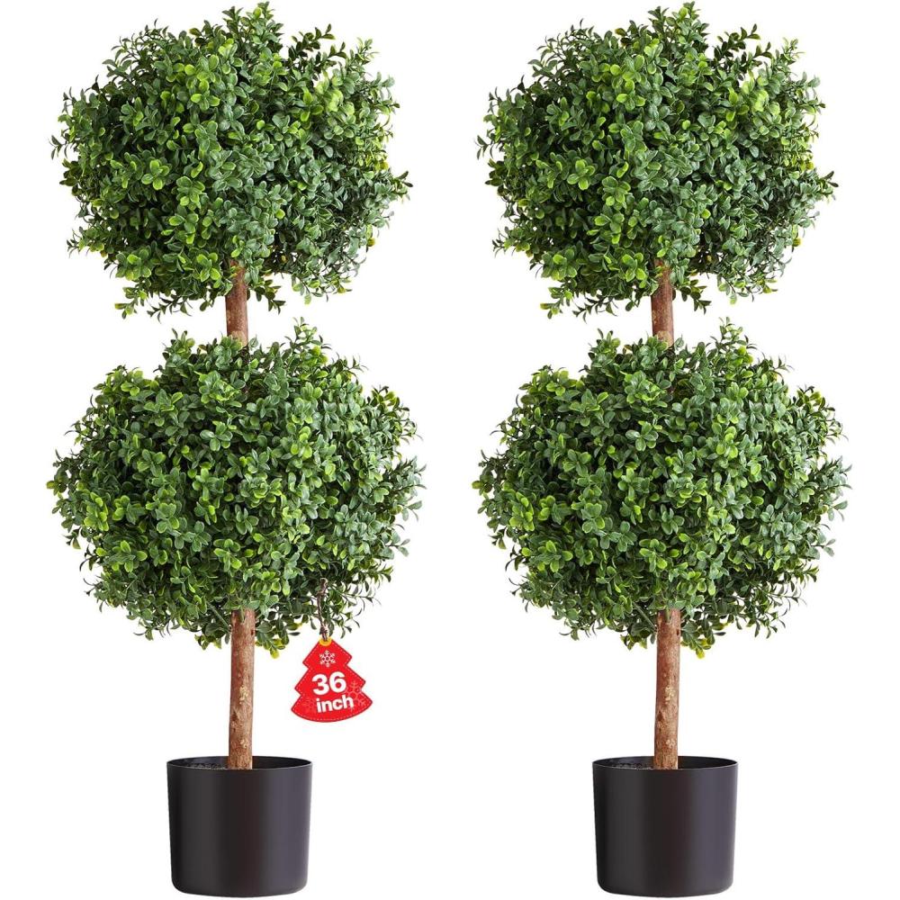 image:imageVEVOR Artificial Boxwood Topiary Tree 36 inch Tall 2 Pieces Double Ball Faux Topiary Trees Faux Plant wExtra Leaves amp Pot amp Small Decoration UV Rated Set for Home Decor IndoorOutdoorDouble Ball New