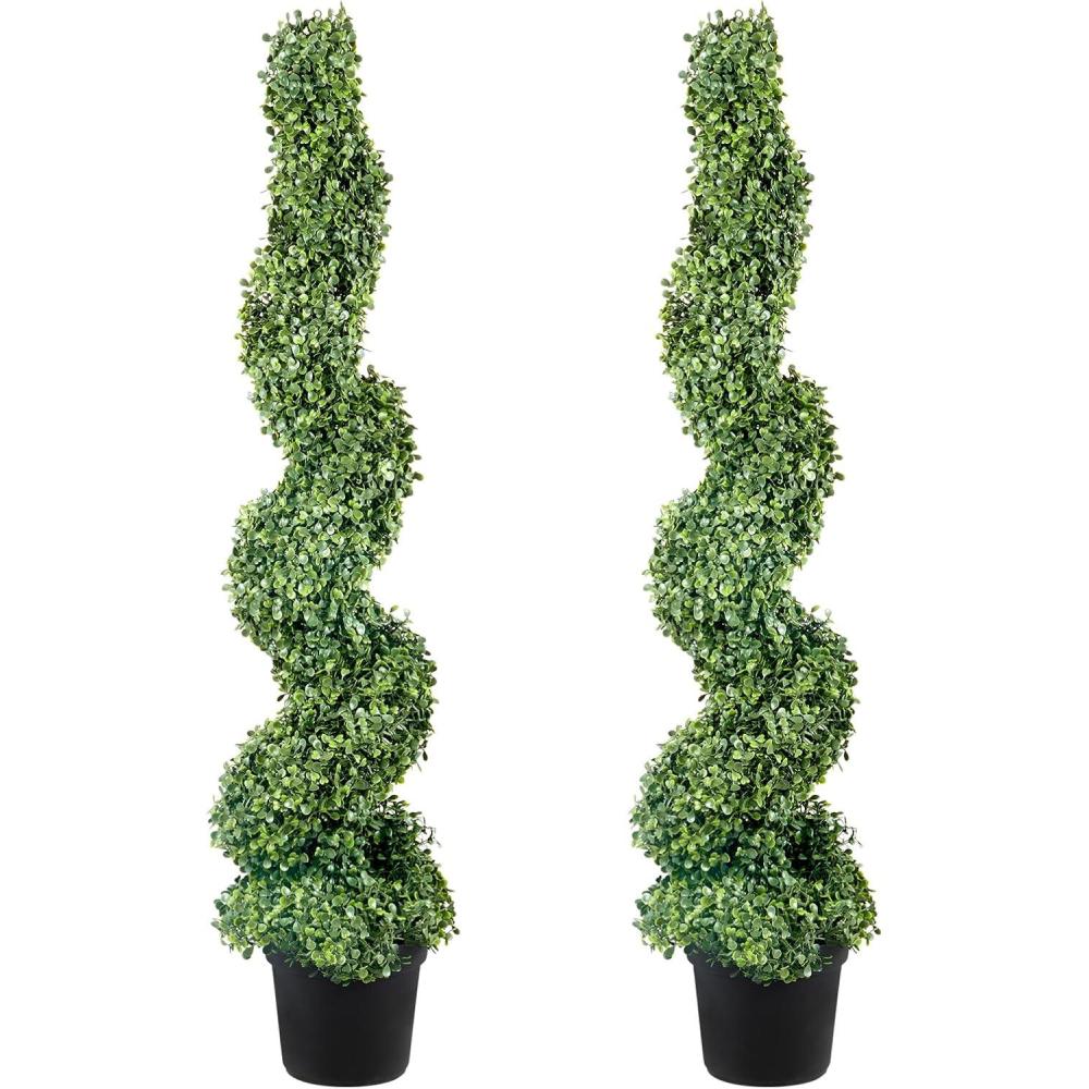 image:imageVEVOR Artificial Boxwood Topiary Tree 60 inch Tall 2 Pieces Spiral Faux Topiary Trees Faux Plant wExtra Leaves amp Pot amp Small Decoration UV Rated Greenery Set for Home Decor IndoorOutdoor4ft