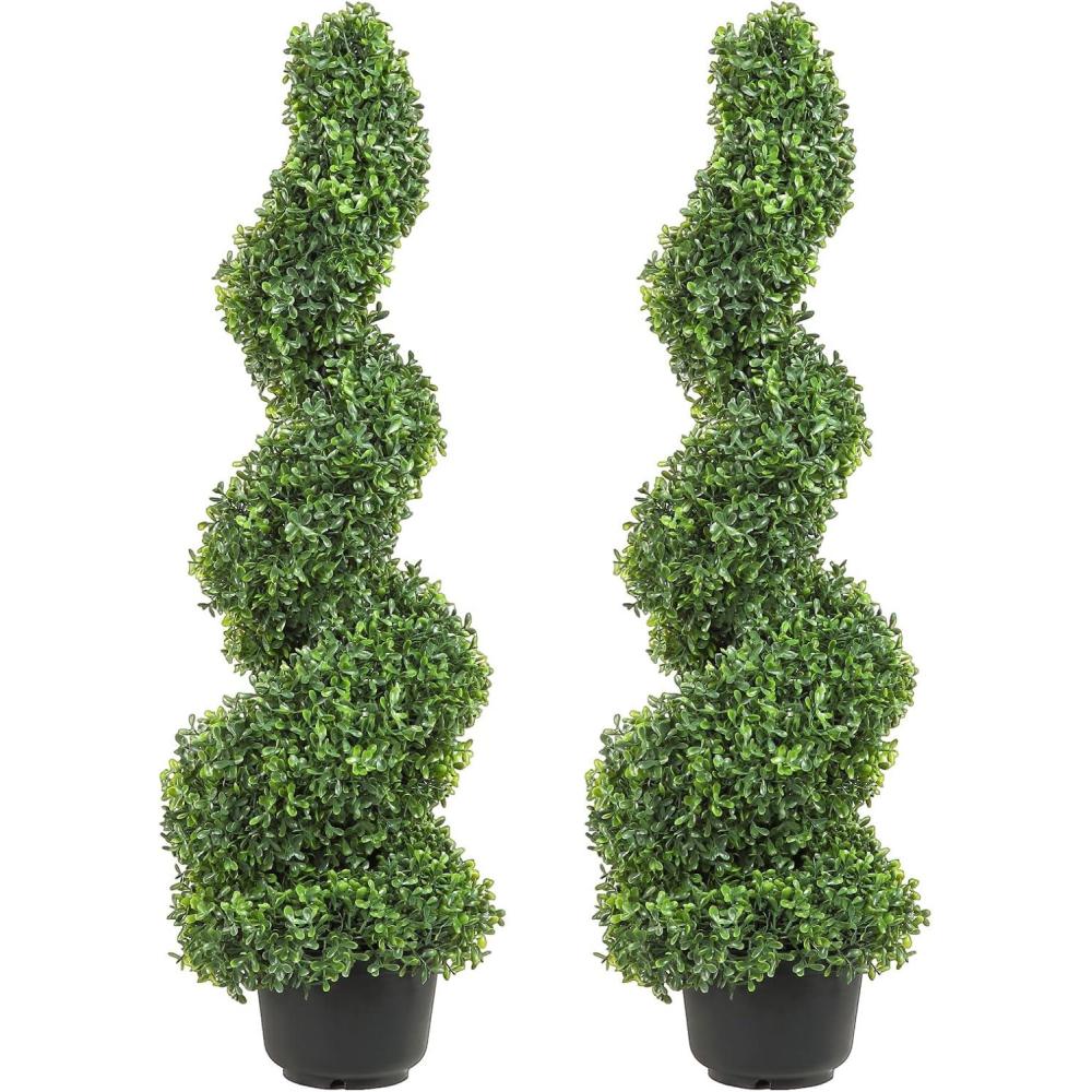 image:imageVEVOR Artificial Boxwood Topiary Tree 60 inch Tall 2 Pieces Spiral Faux Topiary Trees Faux Plant wExtra Leaves amp Pot amp Small Decoration UV Rated Greenery Set for Home Decor IndoorOutdoor3ft