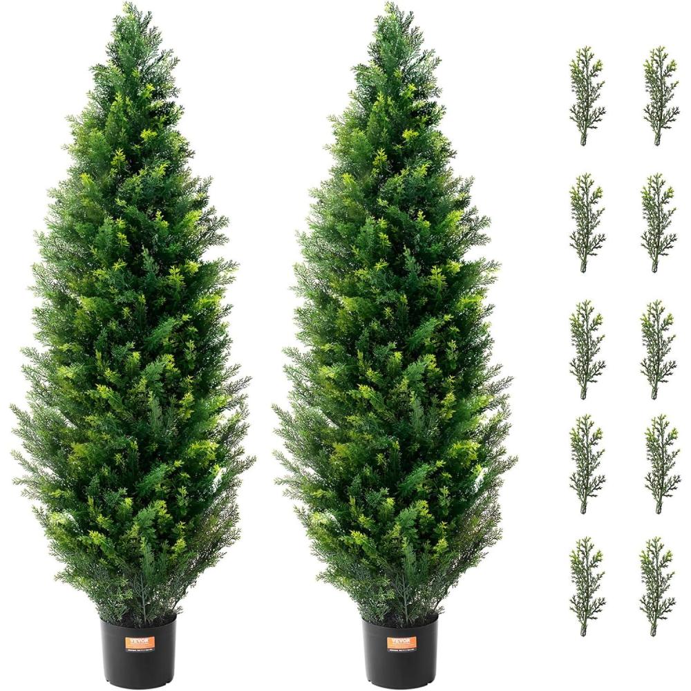 image:imageVEVOR Artificial Topiary Cedar Tree 60 inch Tall 2 Pieces with Extra Leaves amp Pot Faux Evergreen Fake Pine Cypress Trees Plant UV Rated Artificial Greenery Set for Home Decor IndoorOutdoor4ft