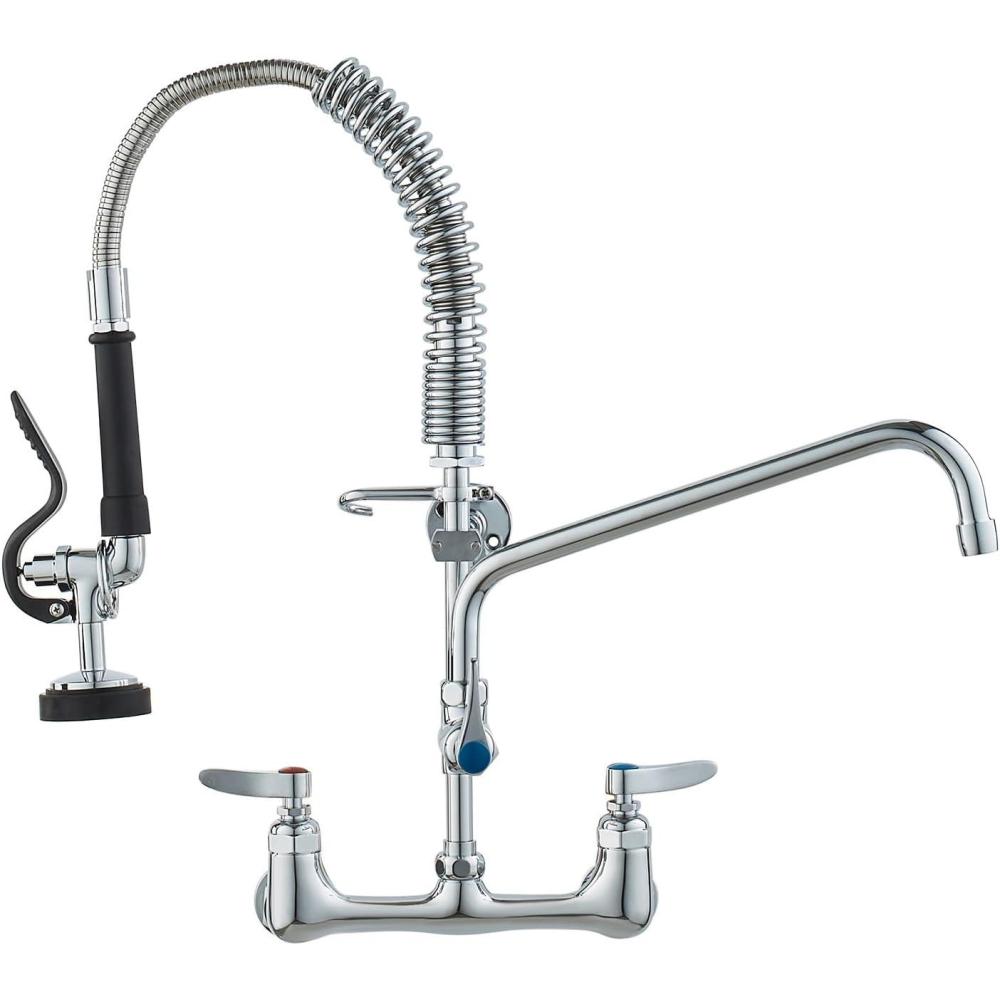 image:imageVEVOR Commercial Faucet with PreRinse Sprayer 44 Height 8 Center 12 Swing Spout Deck Mount Kitchen Sink Faucet Brass Constructed Device with Pull Down Spray for 123 Compartment Sink21inch