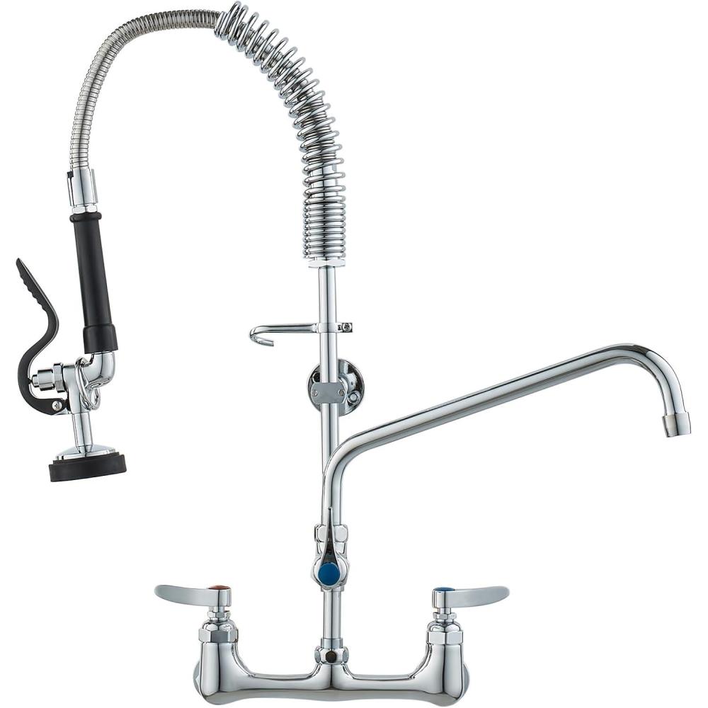 image:imageVEVOR Commercial Faucet with PreRinse Sprayer 44 Height 8 Center 12 Swing Spout Deck Mount Kitchen Sink Faucet Brass Constructed Device with Pull Down Spray for 123 Compartment Sink25inch
