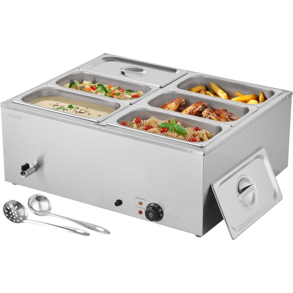 image:imageVEVOR Commercial Food Warmer 1500W Electric Stainless Steel Steam Food Warmer with Lid 6Pan Fast Heating Countertop Buffet Bain Marie with Soup amp Perforated Ladles for Catering Restaurant Party