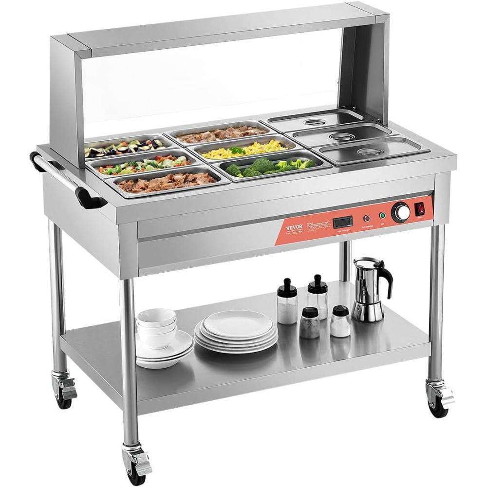 image:imageVEVOR Commercial Food Warmer 7 Pans 2 Pots Electric Steam Table 1800W Professional Buffet Catering Food Warmer with Shield Undershelf Wheels Stainless Steel Server for Party Restaurant Hotel9Pan