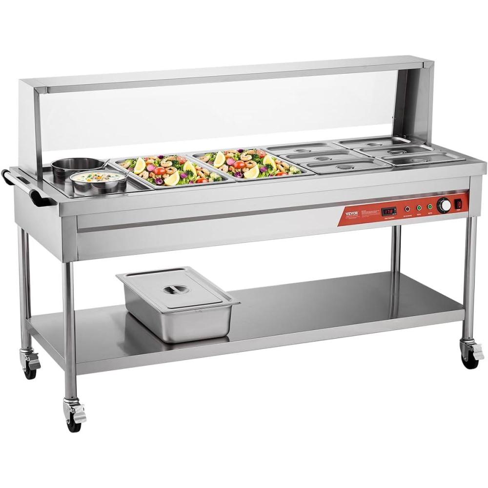 image:imageVEVOR Commercial Food Warmer 7 Pans 2 Pots Electric Steam Table 1800W Professional Buffet Catering Food Warmer with Shield Undershelf Wheels Stainless Steel Server for Party Restaurant Hotel8 Pans 2 Pots