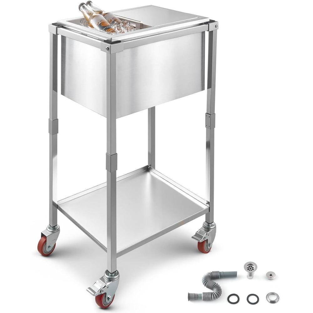 image:imageVEVOR Commercial Ice Bin Underbar Ice Bin Stainless Steel Ice Chest with Sliding Lid Bottle Holders Adjustable Bullet Feet Cooler Cart Cocktail Unit for Bar Restaurant Pub20 x 14 x 38 inch