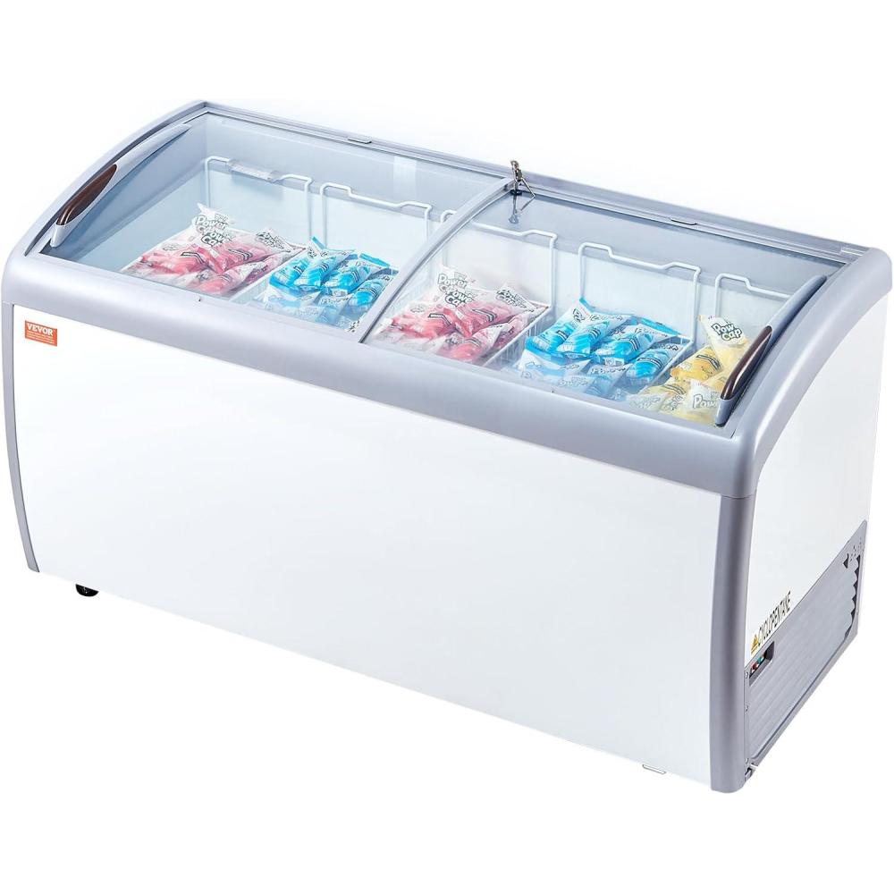 image:imageVEVOR Commercial Ice Cream Display Case 128 Cuft Chest Freezer Mobile Glass Top Deep Freezer Restaurant Gelato Dipping Cabinet with 4 Wire Baskets 2 Sliding Glass Doosr Locking Casters White163 Cuft