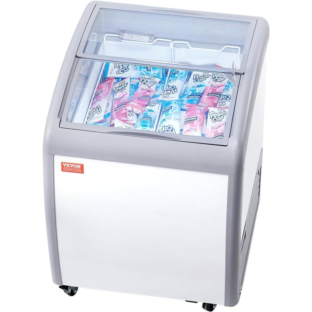 image:imageVEVOR Commercial Ice Cream Display Case 128 Cuft Chest Freezer Mobile Glass Top Deep Freezer Restaurant Gelato Dipping Cabinet with 4 Wire Baskets 2 Sliding Glass Doosr Locking Casters White54 Cuft