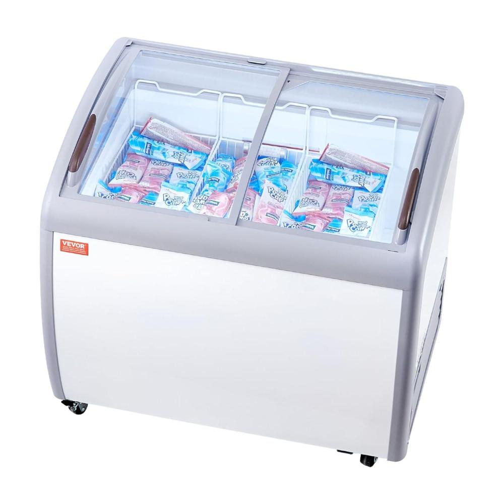 image:imageVEVOR Commercial Ice Cream Display Case 93 Cuft Chest Freezer Mobile Glass Top Deep Freezer Restaurant Gelato Dipping Cabinet with 3 Wire Baskets 2 Sliding Glass Doors Locking Casters White