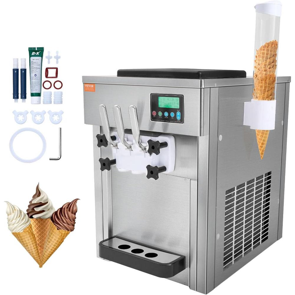image:imageVEVOR Commercial Ice Cream Machine 21 QTH Yield 1800W 3Flavor Countertop Soft Serve Ice Cream Maker 2 x 4L Hopper 2 x 18L Cylinder LCD Panel Auto Clean Precooling for Restaurant Snack Bar