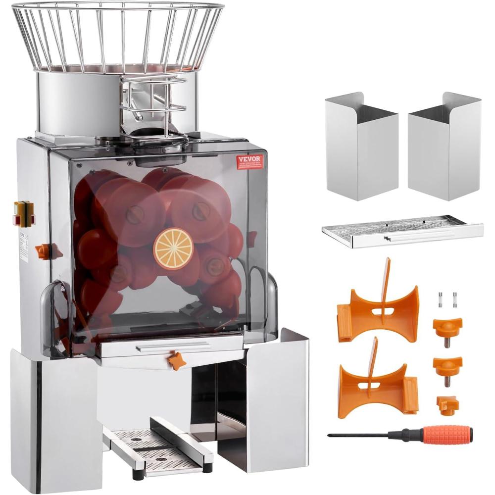 image:imageVEVOR Commercial Orange Juicer Machine 120W Automatic Juice Extractor Stainless Steel Orange Squeezer for 20 Oranges Per Minute with PullOut Filter Box PC Cover 2 Peel Collecting BucketsSilver