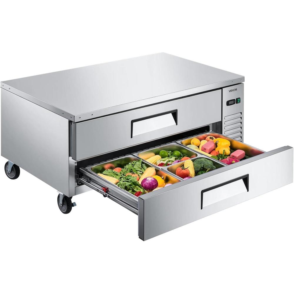 image:imageVEVOR Commercial Refrigerator 28 W SandwichSalad Prep Refrigerated Table Stainless Steel Food Prep Station Fridge with 8 Pan for Restaurant Bar Shop 71 Cu Ft Refrigerator Single Door Silver52 W Chief Base With 2 Drawers