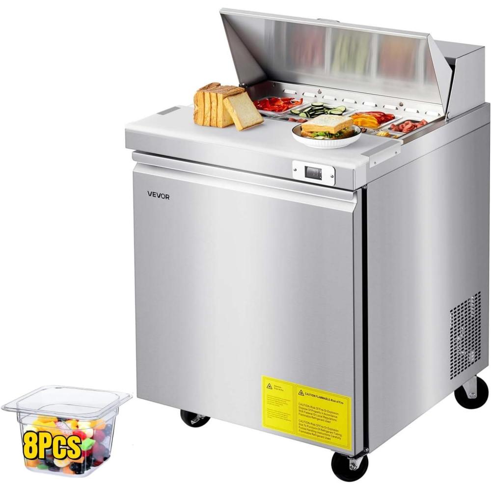 image:imageVEVOR Commercial Refrigerator 28 W SandwichSalad Prep Refrigerated Table Stainless Steel Food Prep Station Fridge with 8 Pan for Restaurant Bar Shop 71 Cu Ft Refrigerator Single Door Silver28W with 8 Pans