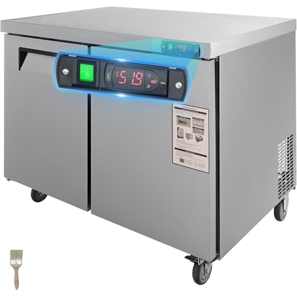 image:imageVEVOR Commercial Refrigerator 48 Worktop Undercounter Refrigerator 1285 Cu Ft Thick Stainless Steel Refrigerated Food Prep Station 2 Door Worktop Fridge with lock for Restaurant Bar Diner48W Worktop Refrigerator