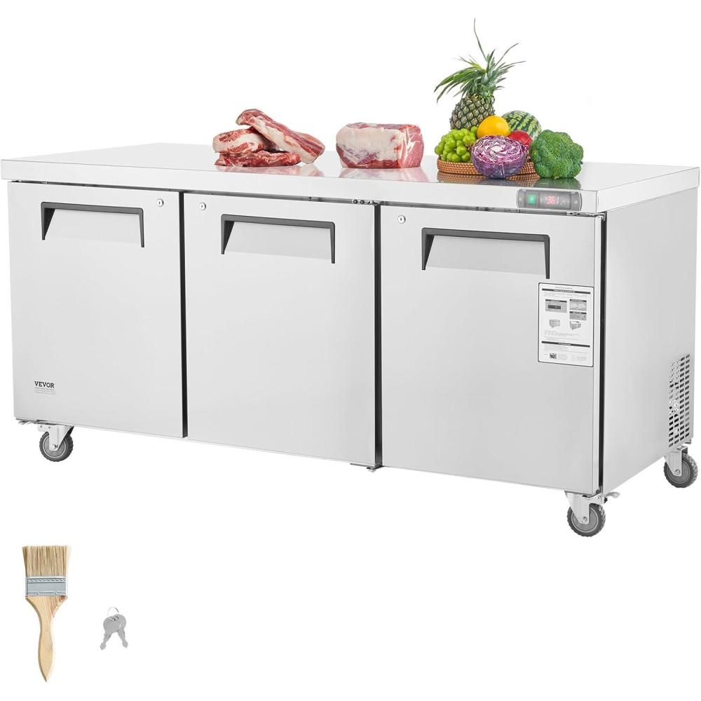 image:imageVEVOR Commercial Refrigerator 48 Worktop Undercounter Refrigerator 1285 Cu Ft Thick Stainless Steel Refrigerated Food Prep Station 2 Door Worktop Fridge with lock for Restaurant Bar Diner72W Worktop Refrigerator