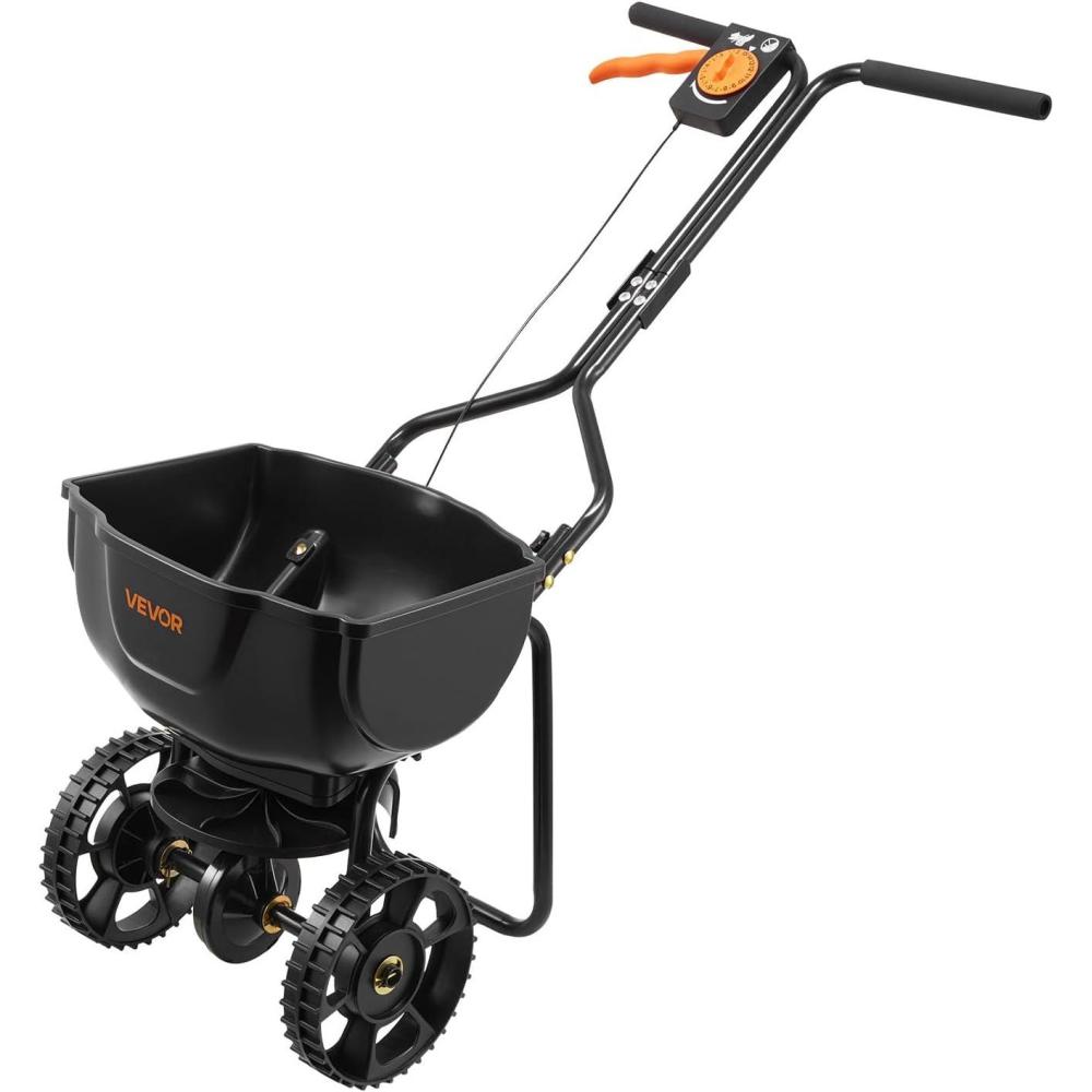 image:imageVEVOR Compost Spreader 244256 Height Adjustable Handle 24 Wide Lawn and Garden Peat Moss Roller with Side Latches Powder Coated Steel Mesh Basket for Spreading Manure Topsoil BlackBlack