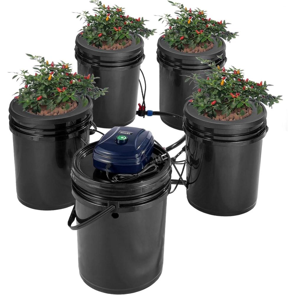 image:imageVEVOR DWC Hydroponic System 5 Gallon 5 Buckets Deep Water Culture Growing Bucket Hydroponics Grow Kit with Pump Air Stone and Connected Reservoir for IndoorOutdoor Leafy Vegetables4 Buckets1 Reservoir