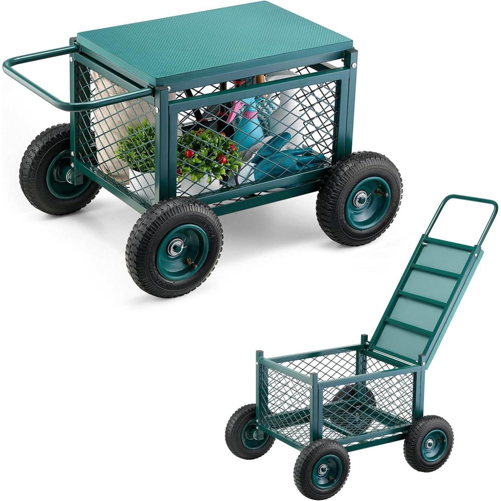 image:imageVEVOR Garden Cart Rolling Workseat with Wheels Gardening Stool for Planting 360 Degree Swivel Seat Wagon Scooter with Steering Handle amp Utility Tool Tray Use for Patio Yard and Outdoors BlueGreen Black