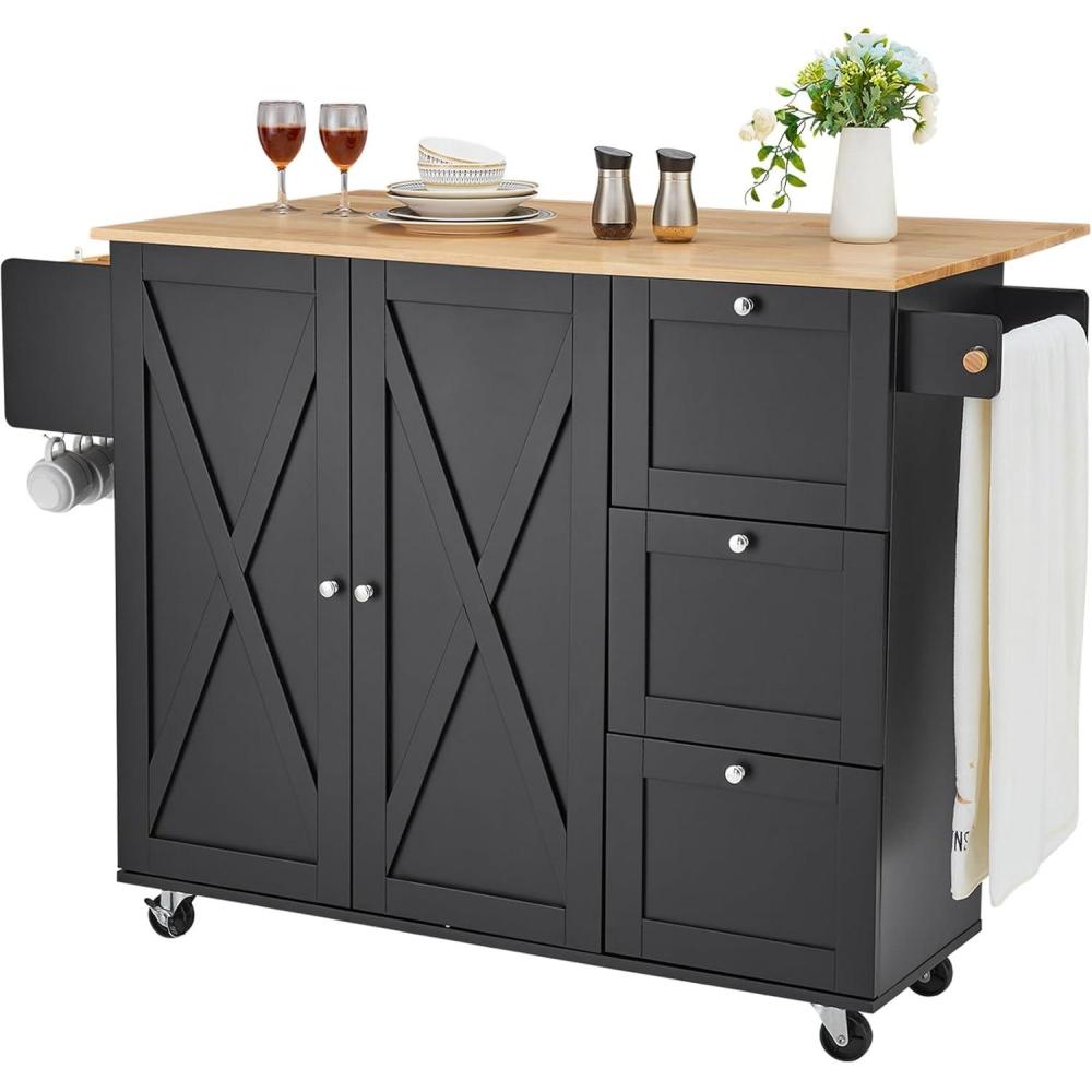 image:imageVEVOR Kitchen Island Cart 453x39 inch Rolling Kitchen Table Mobile Carts with Storage Cabinet and Solid Wood Top Portable Islands with Wheels Spice Rack Towel Rack Drop Leaf and Drawer White453 W Drop Leaf Black