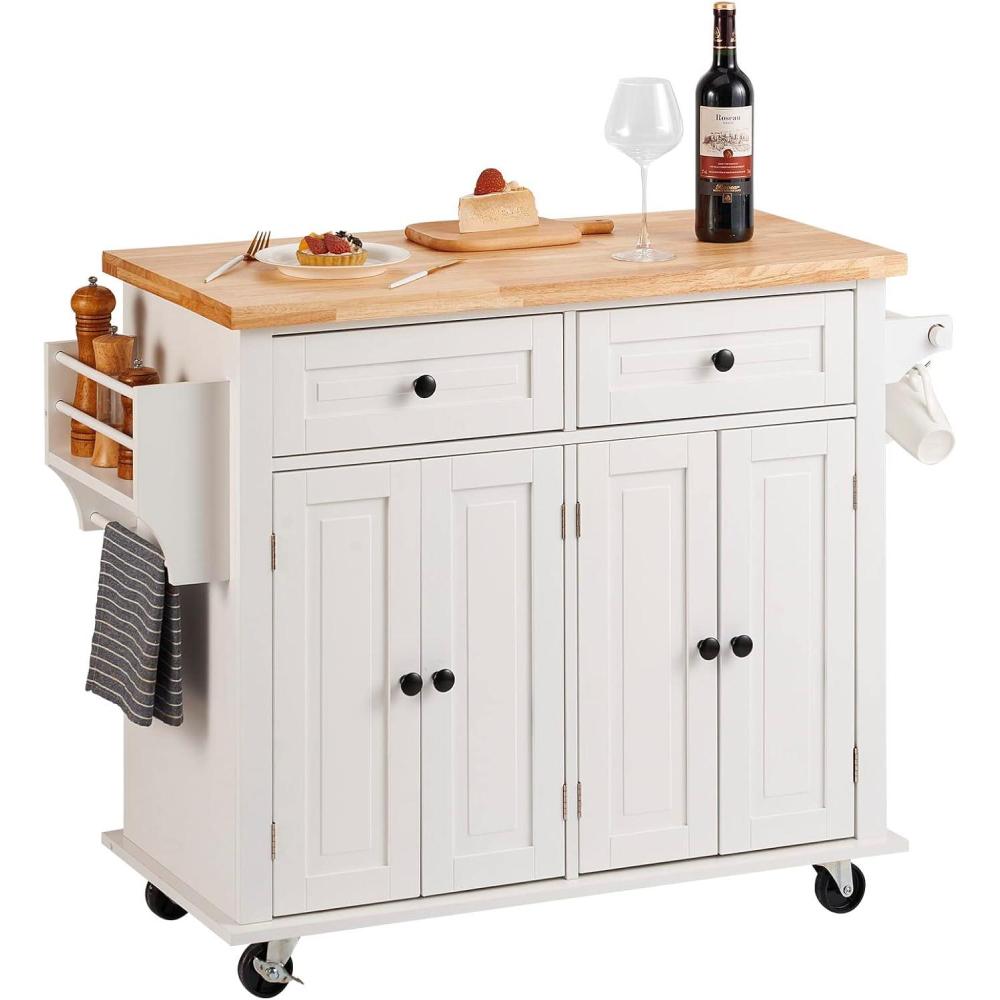 image:imageVEVOR Kitchen Island Cart 453x39 inch Rolling Kitchen Table Mobile Carts with Storage Cabinet and Solid Wood Top Portable Islands with Wheels Spice Rack Towel Rack Drop Leaf and Drawer White354 W