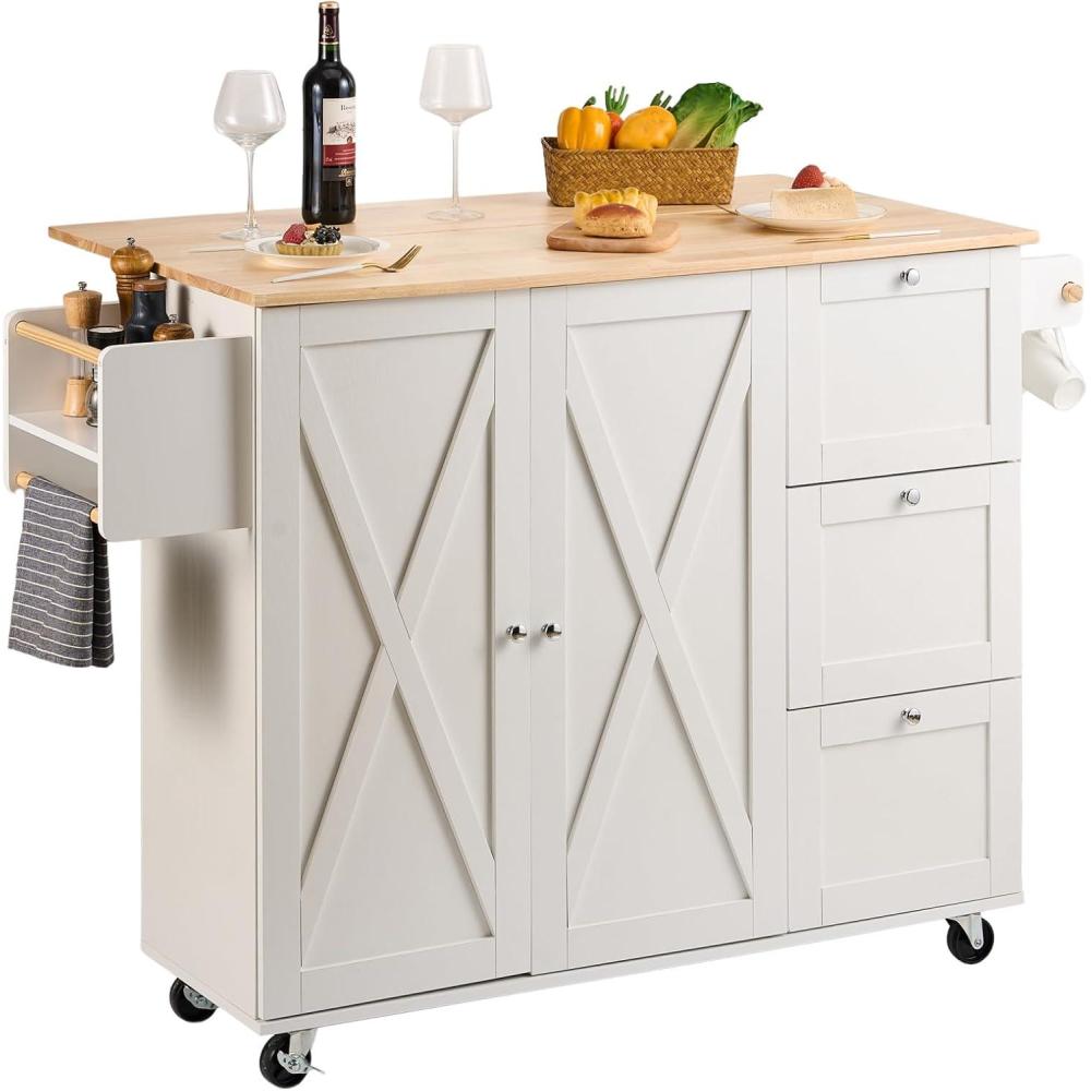 image:imageVEVOR Kitchen Island Cart 453x39 inch Rolling Kitchen Table Mobile Carts with Storage Cabinet and Solid Wood Top Portable Islands with Wheels Spice Rack Towel Rack Drop Leaf and Drawer White453 W Drop Leaf White