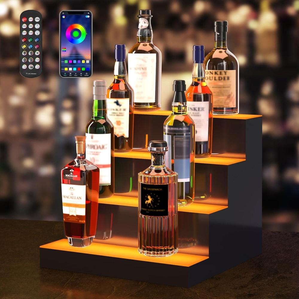 image:imageVEVOR LED Lighted Liquor Bottle Display 3 Tiers 40 Inches Supports USB Illuminated Home Bar Shelf with RF Remote amp App Control 7 Static Colors 14 H Timing Acrylic Lighted Shelf for 30 Bottles4 Tiers 16 Inches