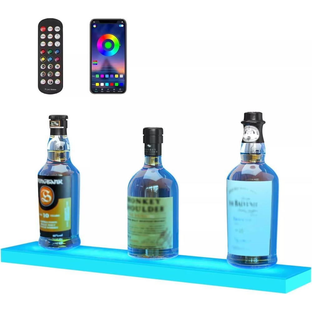 image:imageVEVOR LED Lighted Liquor Bottle Display 3 Tiers 40 Inches Supports USB Illuminated Home Bar Shelf with RF Remote amp App Control 7 Static Colors 14 H Timing Acrylic Lighted Shelf for 30 Bottles1 Tier 24 Inches