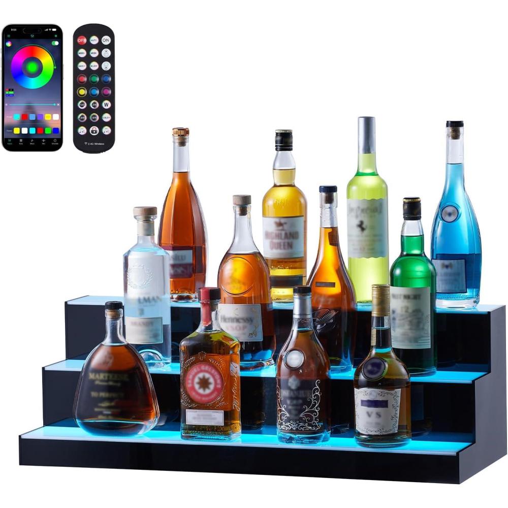 image:imageVEVOR LED Lighted Liquor Bottle Display 3 Tiers 40 Inches Supports USB Illuminated Home Bar Shelf with RF Remote amp App Control 7 Static Colors 14 H Timing Acrylic Lighted Shelf for 30 Bottles3 Tiers 30 Inches