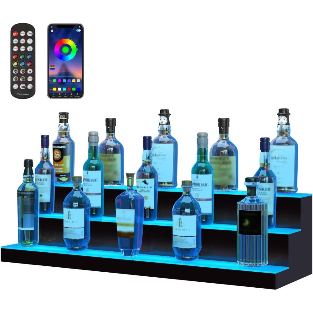 image:imageVEVOR LED Lighted Liquor Bottle Display 3 Tiers 40 Inches Supports USB Illuminated Home Bar Shelf with RF Remote amp App Control 7 Static Colors 14 H Timing Acrylic Lighted Shelf for 30 Bottles3 Tiers 40 Inches