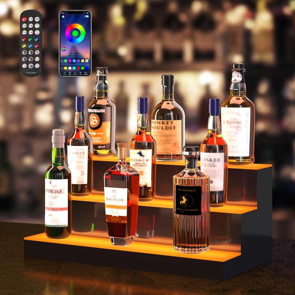 image:imageVEVOR LED Lighted Liquor Bottle Display 3 Tiers 40 Inches Supports USB Illuminated Home Bar Shelf with RF Remote amp App Control 7 Static Colors 14 H Timing Acrylic Lighted Shelf for 30 Bottles3 Tiers 24 Inches