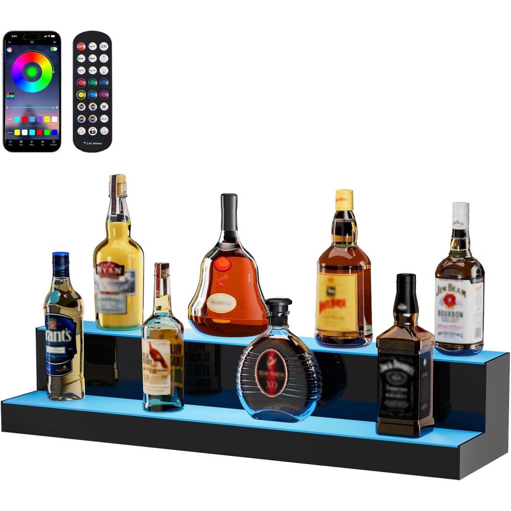 image:imageVEVOR LED Lighted Liquor Bottle Display 3 Tiers 40 Inches Supports USB Illuminated Home Bar Shelf with RF Remote amp App Control 7 Static Colors 14 H Timing Acrylic Lighted Shelf for 30 Bottles2 Tiers 30 Inches