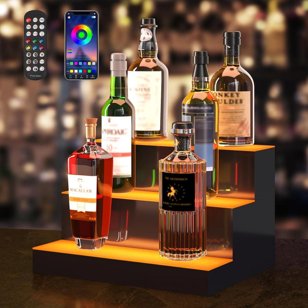 image:imageVEVOR LED Lighted Liquor Bottle Display 3 Tiers 40 Inches Supports USB Illuminated Home Bar Shelf with RF Remote amp App Control 7 Static Colors 14 H Timing Acrylic Lighted Shelf for 30 Bottles3 Tiers 16 Inches
