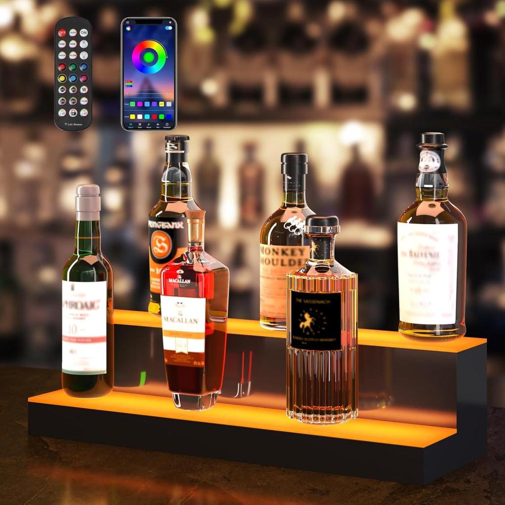 image:imageVEVOR LED Lighted Liquor Bottle Display 3 Tiers 40 Inches Supports USB Illuminated Home Bar Shelf with RF Remote amp App Control 7 Static Colors 14 H Timing Acrylic Lighted Shelf for 30 Bottles2 Tiers 24 Inches