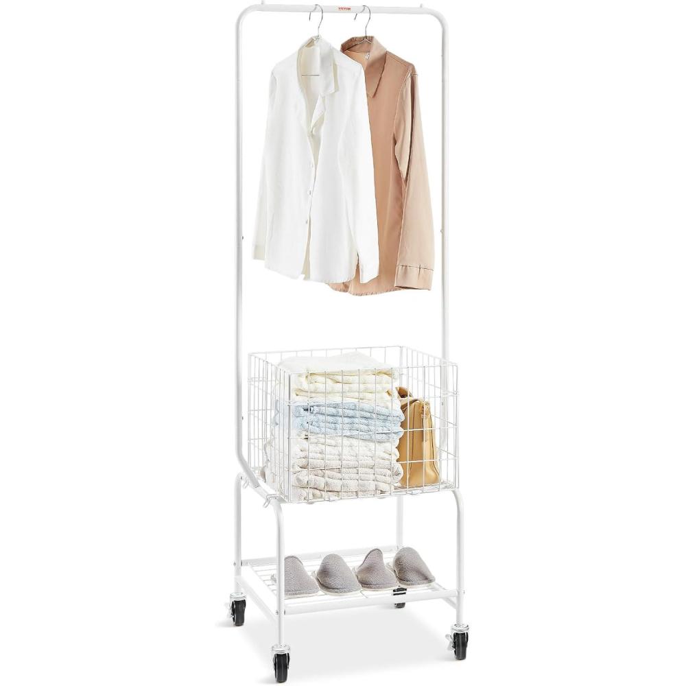 image:imageVEVOR Metal Rolling Laundry Basket with Hanging Garment Rack Laundry Hamper Cart Adjustable Height with Basket Load and Shelf Load Storage Organizer with Heavy Duty Lockable WheelsWhite