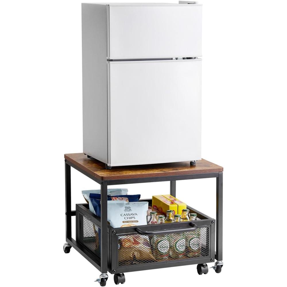 image:imageVEVOR Mini Fridge Stand with Storage 176 lbCapacity Mini Fridge Table with 2 Drawers amp 4 Swivel Wheels Mobile Mini Fridge Shelf Black Mini Fridge Organizer for Dorm Apartment Office BedroomLight Brown