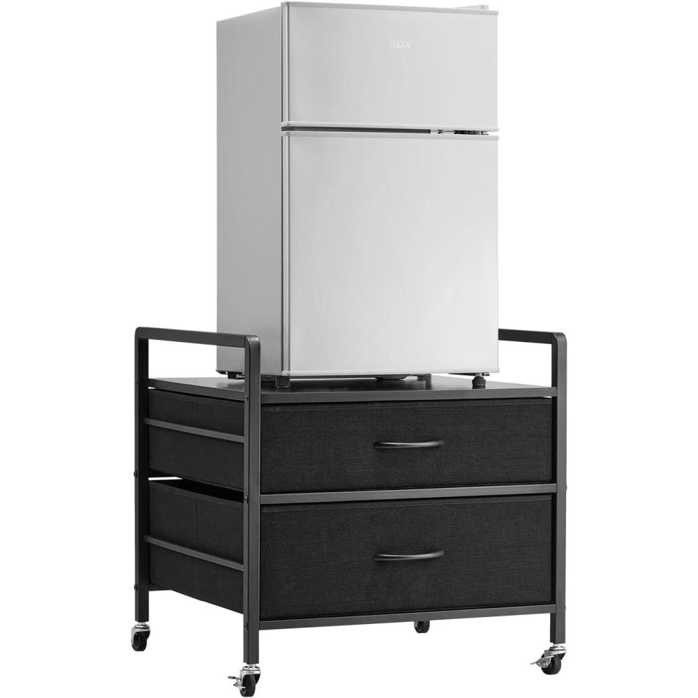 image:imageVEVOR Mini Fridge Stand with Storage 176 lbCapacity Mini Fridge Table with 2 Drawers amp 4 Swivel Wheels Mobile Mini Fridge Shelf Black Mini Fridge Organizer for Dorm Apartment Office BedroomBlack