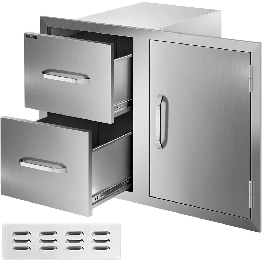 image:imageVEVOR Outdoor Kitchen Door Drawer Combo 325 W x 216 H x 205D Access DoorDouble Drawers with Paper Towel Rack Stainless Steel Handles for BBQ Islands