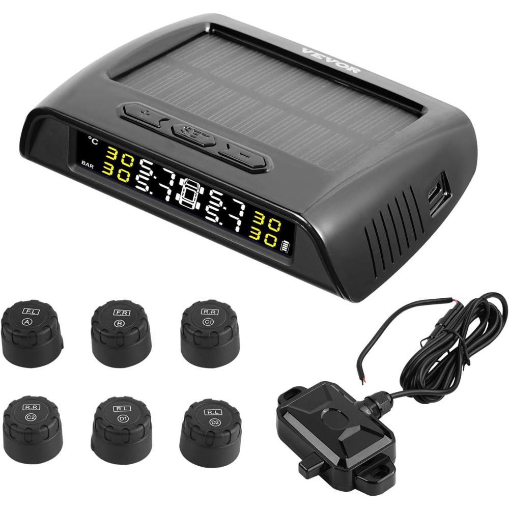 image:imageVEVOR RV Tire Pressure Monitoring System 73116 PSI Trailer TPMS 6 Tire with 6 Sensors 5 Alarm Modes Waterproof TPMS Sensors Set Solar Charge and Realtime Display Signal Boostersolar power and USB