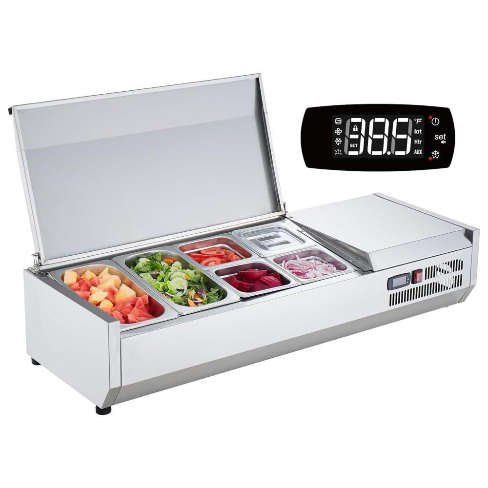 image:imageVEVOR Refrigerated Condiment Prep Station 135 W Countertop Refrigerated Condiment Station with 2 13 Pans amp 4 16 Pans 304 Stainless Body and PC Lid Sandwich Prep Table with Stainless Guard ETL