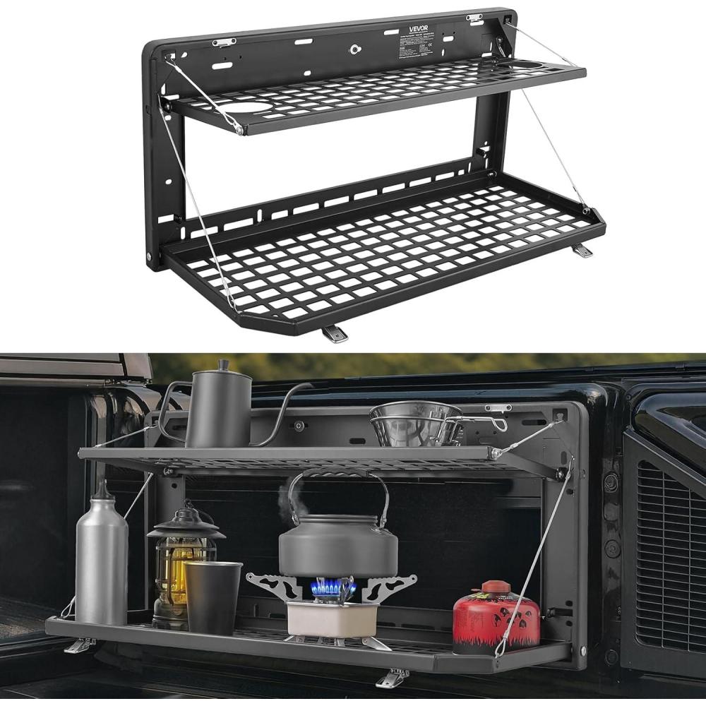 image:imageVEVOR Tailgate Table for 20072024 Jeep Wrangler JL 100 lbs Carbon Steel Foldable Molle Panel DoubleLayer Drop Down Table Rear Cargo Storage Rack Shelf Luggage Holder Carrier CampingJeep JL20072024