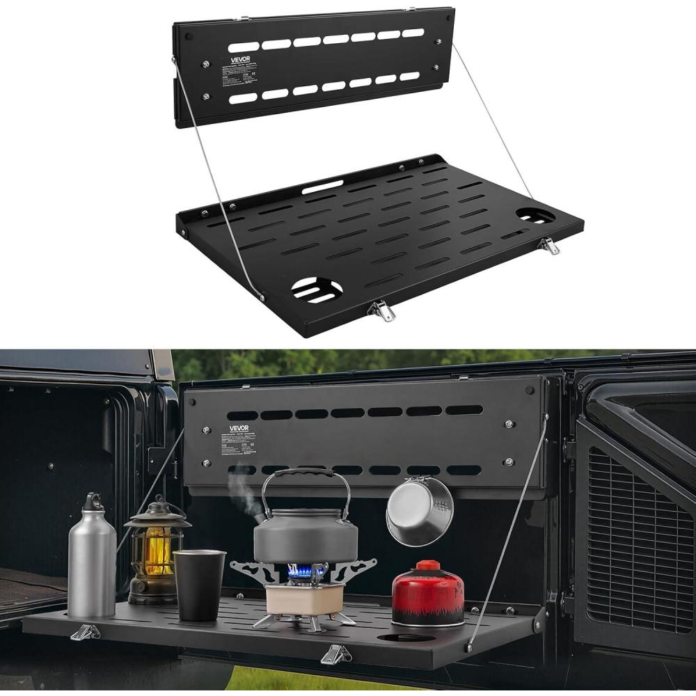 image:imageVEVOR Tailgate Table for 20212025 Ford Bronco 88 lbs Load Capacity Carbon Steel Foldable Molle Panel Drop Down Table Rear Door Cargo Storage Rack Shelf Luggage Holder Carrier Camping Accessories
