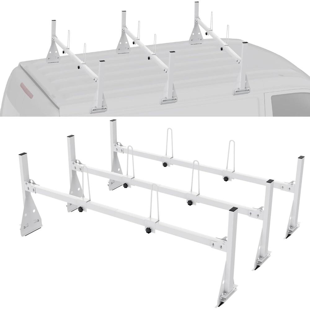 image:imageVEVOR Van Roof Ladder Racks 59 Adjustable HeavyDuty Steel Racks 600 lbs Capacity for Chevrolet Express 1500 2500 3500Ford E150 E250 E350GMC Savana 2 Bars3 Bars