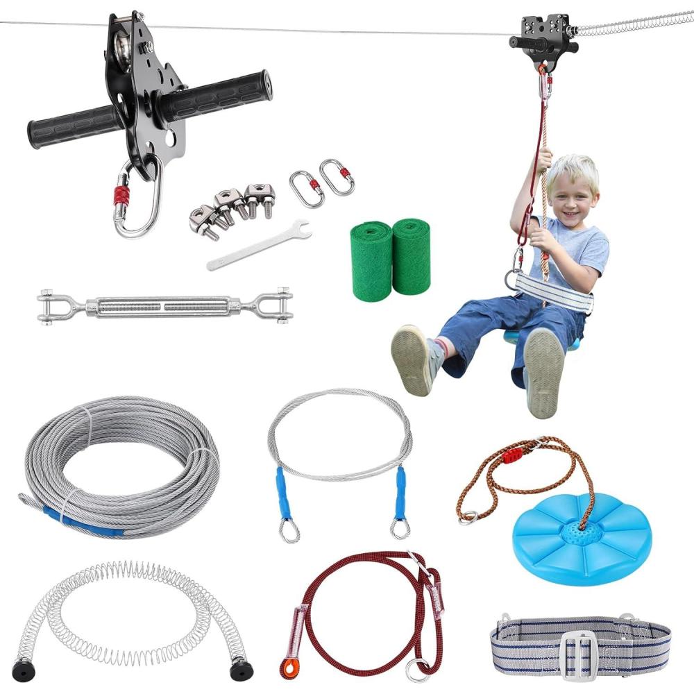 image:imageVEVOR Zip line Kits for Backyard160ft Zip line Kit for Kids and Adult Up to 330 lb Included Swing Seat Ziplines Brake and Steel Trolley Outdoor Playground EquipmentBlue80 ft