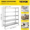VEVOR Storage Shelf, 5-Tier Storage Shelving Unit, Stainless Steel Garage Shelf, Heavy Duty Storage Shelving, 1650 Lbs Total Capacity with Adjustable Height(5Tier 60×18.5×72″)