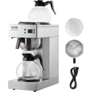 VEVOR 12 Cups Commercial Drip Coffee Maker, Coffee Maker Machine with 3 Glass Carafes and 3 Warmer Plates, Stainless Steel Pour Over Coffee Brewer for Restaurant, Office, Cafe(2 Warmer Plates  Auto Water Intake: No)