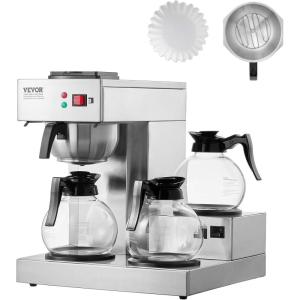 VEVOR 12 Cups Commercial Drip Coffee Maker, Coffee Maker Machine with 3 Glass Carafes and 3 Warmer Plates, Stainless Steel Pour Over Coffee Brewer for Restaurant, Office, Cafe(3 Warmer Plates  Auto Water Intake: No)