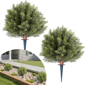 VEVOR 2 Pcs 20” Artificial Plant Topiary Ball, Faux Boxwood Balls with 2 LED Light String, All-Year Green Faux Plant Decorative Balls for Backyard, Balcony,Garden, Wedding and Home Décor(16 Inch-ground Spike)