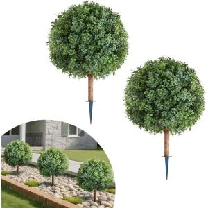 VEVOR 2 Pcs 20” Artificial Plant Topiary Ball, Faux Boxwood Balls with 2 LED Light String, All-Year Green Faux Plant Decorative Balls for Backyard, Balcony,Garden, Wedding and Home Décor(27 Inch-ground Spike)