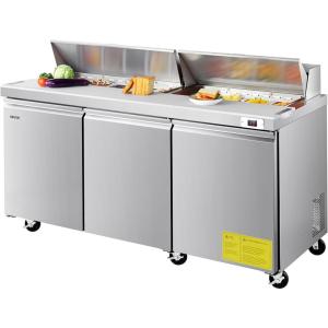 VEVOR 28″ W Commercial Refrigerator, Undercounter Worktop Refrigerator, 7.4 Cu. Ft Thick Stainless Steel Refrigerated Food Prep Station Fan Cooling Single Door Worktop Fridge with lock for Bar(72″W with 18 Pans)