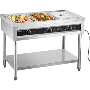 VEVOR 4-Pan Commercial Food Warmer, Electric Steam Table with Independent Temperature Control, 450W x 4 Stainless Steel Buffet Catering Food Warmer with Undershelf and Workspace, for Restaurant(3×1/1Pan  72 Qt)
